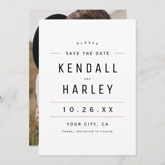 シックモダンタイポグラフィシンプル写真の日付を保存 セーブザデート (正面/裏面)