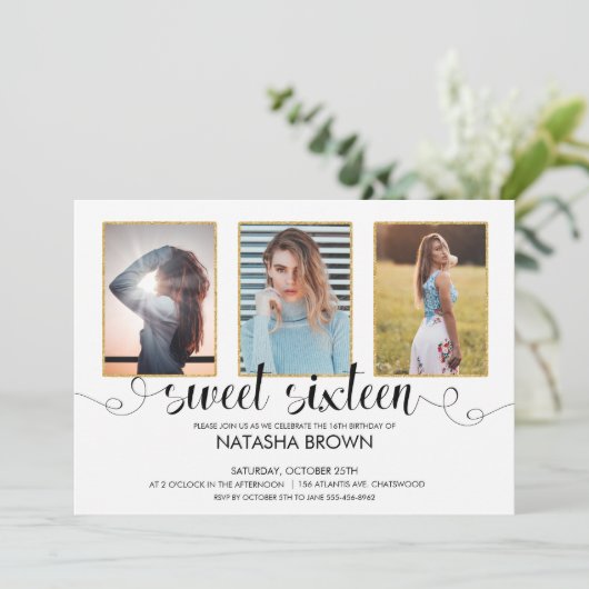 シックモダンタイポグラフィスイート16パーティー写真 招待状 (スタンド正面)