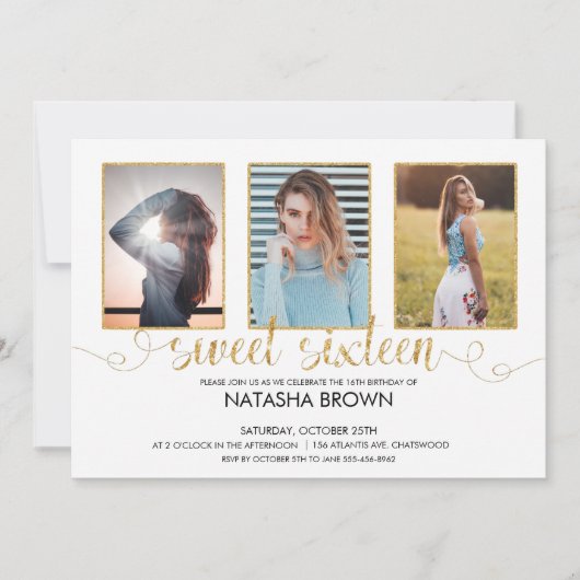 シックモダンタイポグラフィスイート16金ゴールドパーティー写真 招待状 (正面)