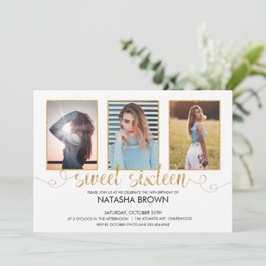 シックモダンタイポグラフィスイート16金ゴールドパーティー写真 招待状 (スタンド正面)