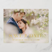 シックモダンタイポグラフィ写真の保存日付 箔招待状ポストカード (正面)