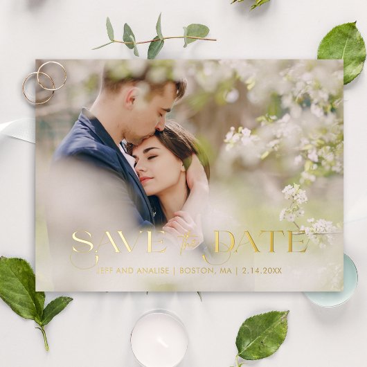 シックモダンタイポグラフィ写真の保存日付 箔招待状ポストカード