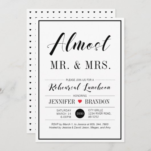 シックモダンタイポグラフィ結婚のリハーサル昼食 招待状 (正面/裏面)