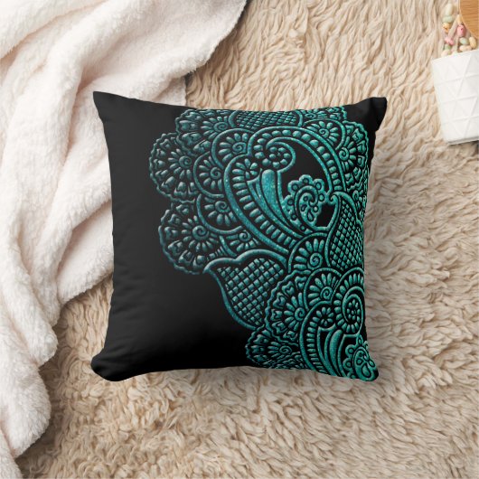 シックモダンターコイズブラックグリッターアートフローラ クッション (ブランケット)