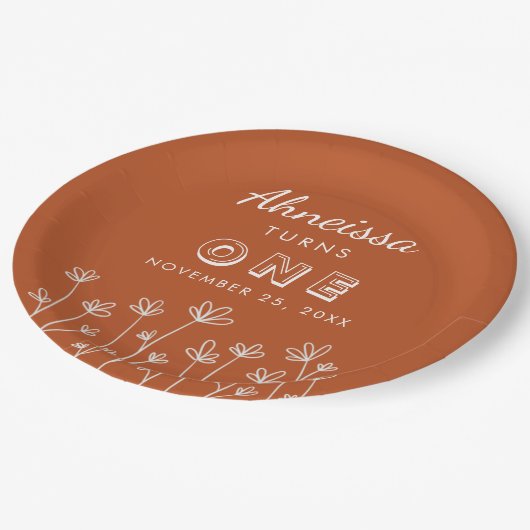 シックモダンテラコッタフラワーファースト誕生日 ペーパープレート (アングル)