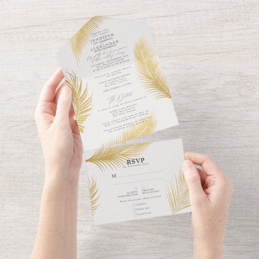 シックモダントロピカル金ゴールドパームオフホワイト結婚ズ オールインワン招待状 (貼ってはがせる)
