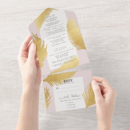 シックモダントロピカル金ゴールドパームソフトピンク結婚ズ オールインワン招待状