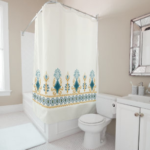 シックモダンニュートラルティール(緑がかった色)ブルーイカットトバルパターン シャワーカーテン