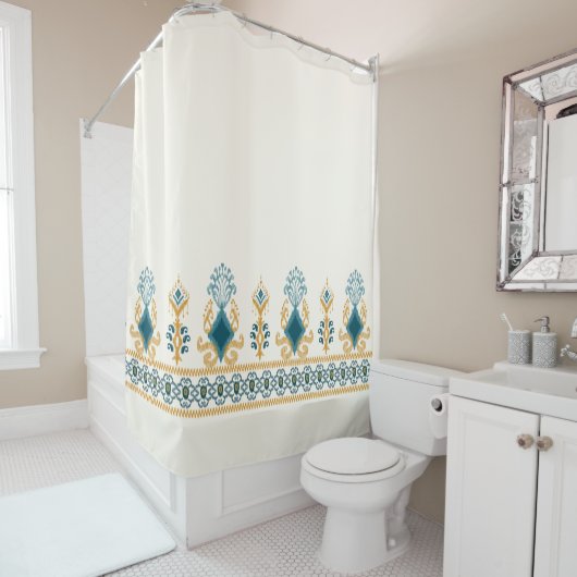 シックモダンニュートラルティール(緑がかった色)ブルーイカットトバルパターン シャワーカーテン (インサイチュ)