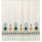 シックモダンニュートラルティール(緑がかった色)ブルーイカットトバルパターン シャワーカーテン (正面)