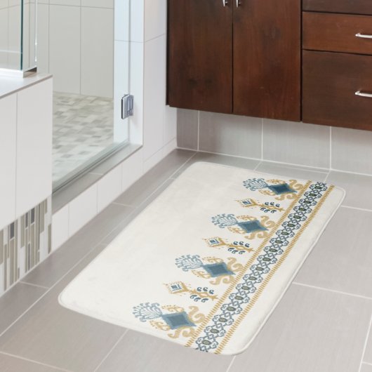 シックモダンニュートラルティール(緑がかった色)ブルーイカットトバルパターン バスマット