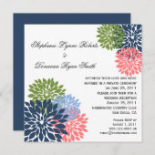 シックモダンネイビーピンクグリーン花花びら 招待状 (正面/裏面)