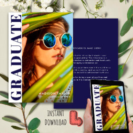 シックモダンネイビーブルーとホワイト写真卒業 案内状