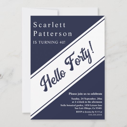 シックモダンネイビーブルーエレガントホワイト40歳の誕生日 招待状 (正面)
