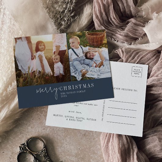 シックモダンネイビーブルーフォトコラージクリスマスニュース シーズンポストカード