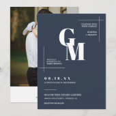 シックモダンネイビーブルー結婚ボホのQRコード写真 招待状 (正面/裏面)