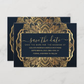 シックモダンネイビーブルー金ゴールドマンダラ セーブザデート (正面/裏面)