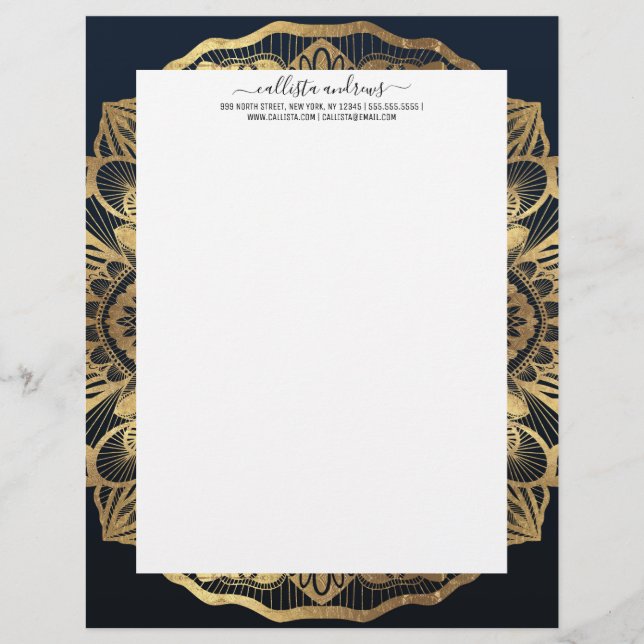 シックモダンネイビーブルー金ゴールドマンダラ レターヘッド (正面)