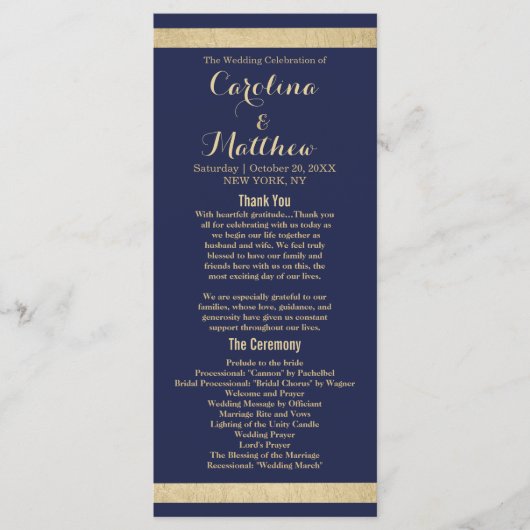 シックモダンネイビーブルー金ゴールドラグジュアリー結婚式 プログラム (正面)