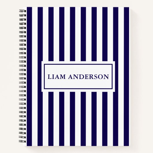 シックモダンネイビーブルー&ホワイト垂直ストライプ ノートブック (正面)