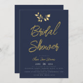 シックモダンネイビー金ゴールド植物学ブライダルシャワー 招待状 (正面/裏面)