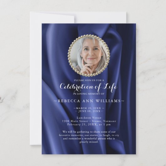 シックモダンネイビーSilky生命の写真お祝い 招待状 (正面)