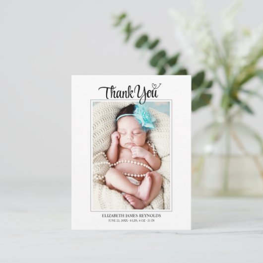 シックモダンハートスカスタムクリプト生まれたばかりのベビー写真 サンキューカード (スタンド正面)