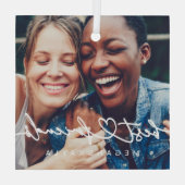 シックモダンハート最高のフレンズBFF写真 ガラスオーナメント (裏面)