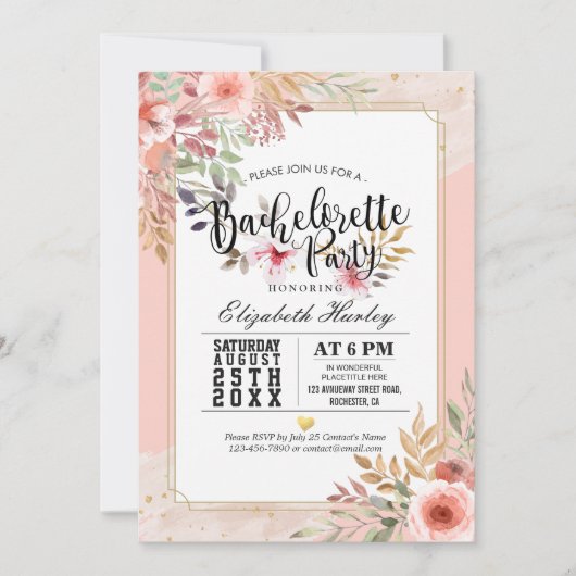 シックモダンバチェロレッテエレガントピンクの花 招待状 (正面)