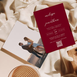 シックモダンバーガンディ写真スクリプトQRコード結婚s 招待状