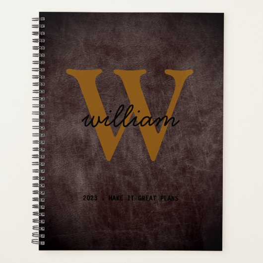 シックモダンバーガンディ革スクリプトtan monogram プランナー手帳 (正面)