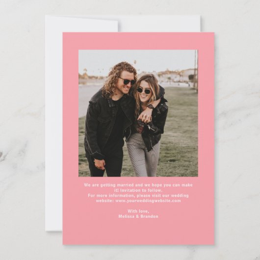 シックモダンパステルピンク金ゴールドフォトスクリプ結婚ト セーブザデート (裏面)