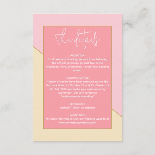 シックモダンパステルピンク&イエロー結婚ズ詳細 エンクロージャーカード (正面)