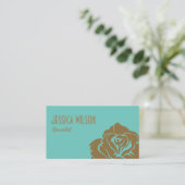 シックモダンパステルブルーティール（緑がかった色）ゴールデンフラワー 名刺 (スタンド正面)