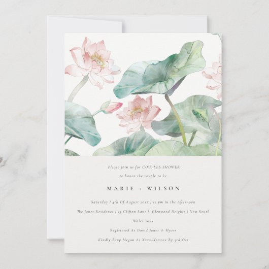 シックモダンパステル赤面《植物》スイレンカップルシャワー 招待状 (正面)