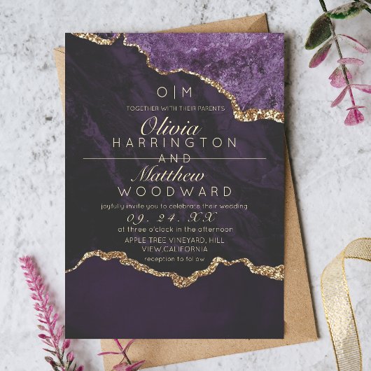 シックモダンパープル結婚ズ金ゴールドアゲート結婚ス 招待状