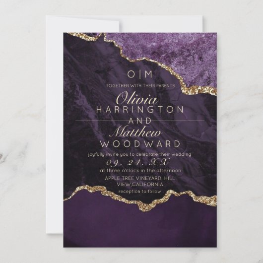 シックモダンパープル結婚ズ金ゴールドアゲート結婚ス 招待状 (正面)