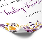 シックモダンパープル金ゴールドフローラ赤ちゃんシャワーサイン ポスター (角)