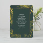 シックモダンビーチPalm & RSVP QRコード結婚の金ゴールド 箔招待状 (立ち正面)