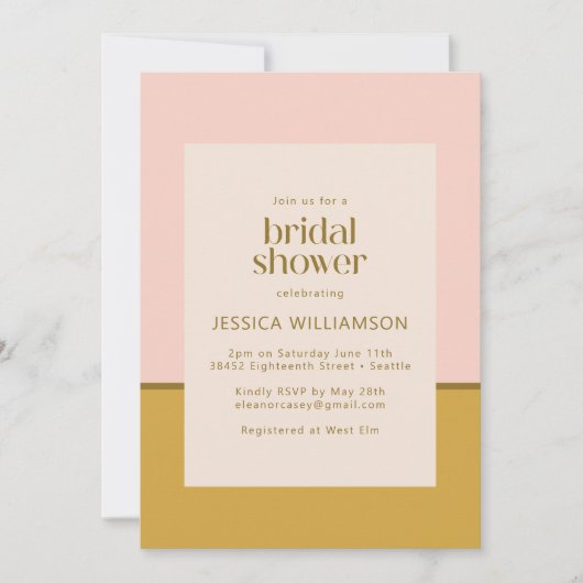 シックモダンピンクアンドマスタードイエローブライダルシャワー 招待状 (正面)