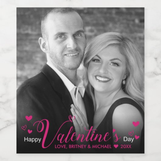 シックモダンピンクスクリプトハート白黒写真 ワインラベル (シングルラベル)