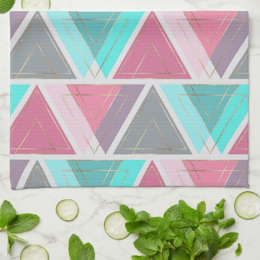 シックモダンピンクティール(緑がかった色)金ゴールド幾何三角形 キッチンタオル (折り畳み)