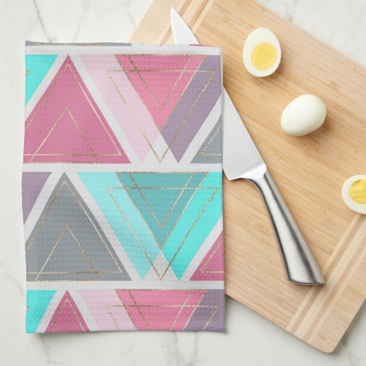 シックモダンピンクティール(緑がかった色)金ゴールド幾何三角形 キッチンタオル (四つ折り)