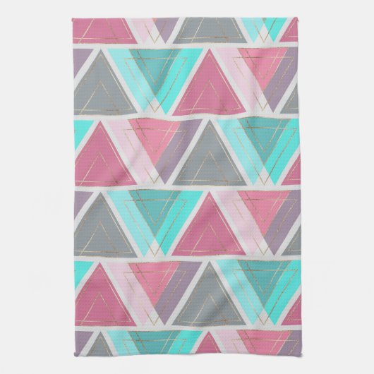 シックモダンピンクティール(緑がかった色)金ゴールド幾何三角形 キッチンタオル (縦)