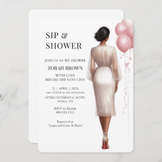 シックモダンピンクホワイトブライダルウェディングシャワー 招待状 (正面/裏面)