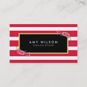 シックモダンファッションスタイリストピンクストライプフローラ 名刺 (正面)