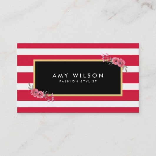 シックモダンファッションスタイリストピンクストライプフローラ 名刺 (正面)