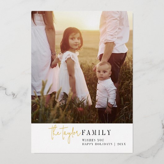 シックモダンフォイル家族写真年レビュー 箔シーズンカード (正面)