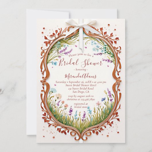 シックモダンフレームワイルドフラワーフォトブライダルシャワー 招待状 (正面)