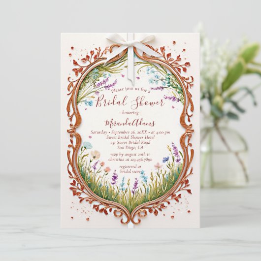 シックモダンフレームワイルドフラワーフォトブライダルシャワー 招待状 (スタンド正面)